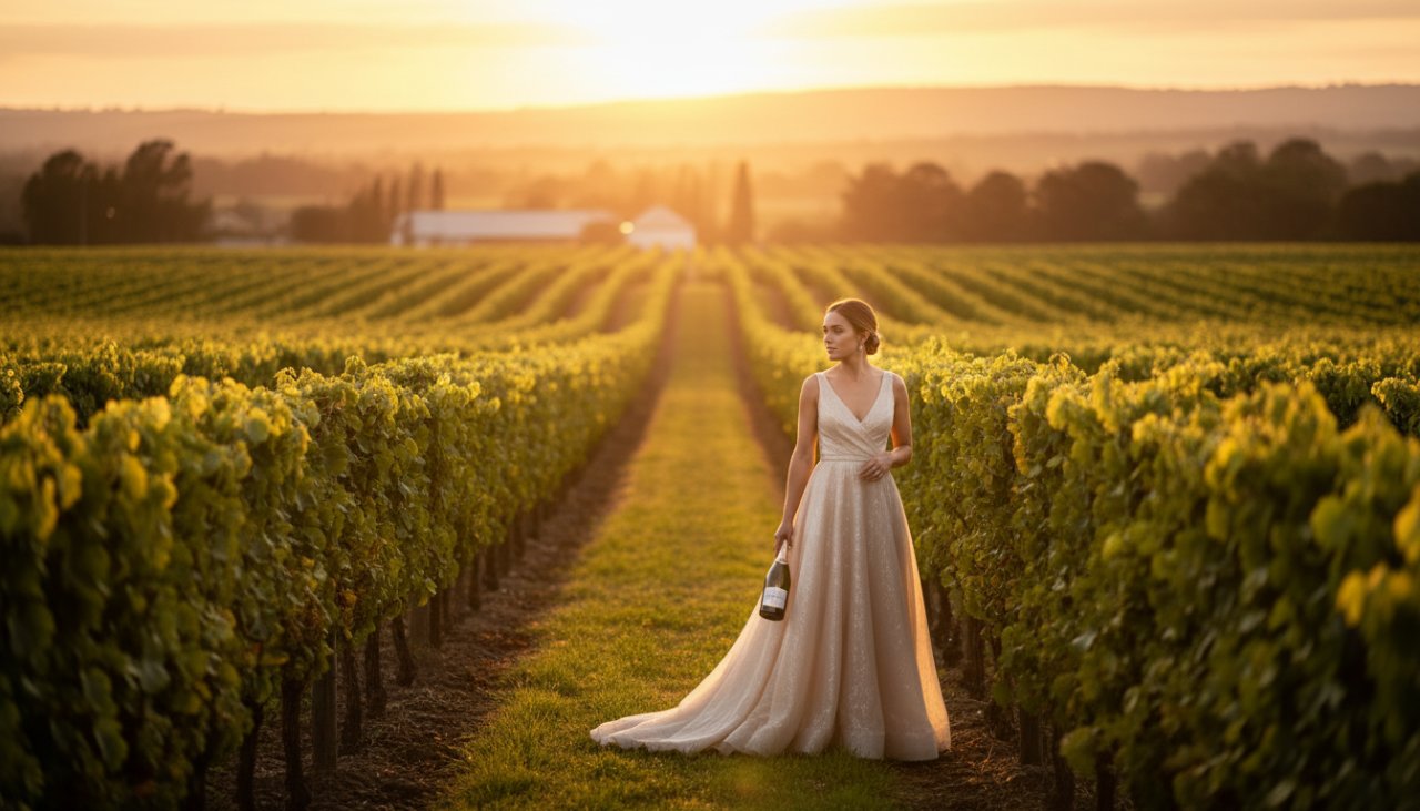 An epic moment captured in Yering Valley winery advertising photography for luxury brands, showcasing a radiant model holding a sparkling wine glass at sunset, bathed in golden light amidst rolling vineyards.