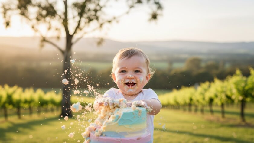 An 'epic moment' photograph of a joyful one-year-old child covered in cake, laughing amidst a whimsical, pastel-themed Yering Victoria boutique cake smash photoshoot setup, with soft, natural light filtering through nearby gum trees in the background, capturing pure, unadulterated happiness.