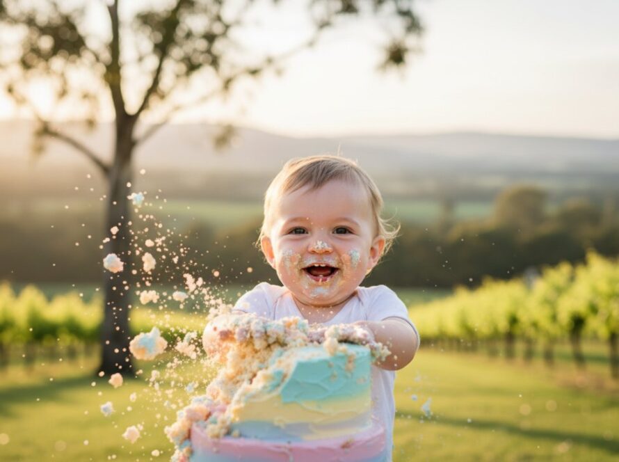 An 'epic moment' photograph of a joyful one-year-old child covered in cake, laughing amidst a whimsical, pastel-themed Yering Victoria boutique cake smash photoshoot setup, with soft, natural light filtering through nearby gum trees in the background, capturing pure, unadulterated happiness.