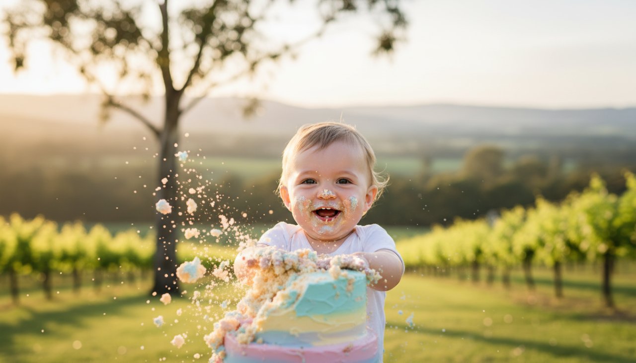 An 'epic moment' photograph of a joyful one-year-old child covered in cake, laughing amidst a whimsical, pastel-themed Yering Victoria boutique cake smash photoshoot setup, with soft, natural light filtering through nearby gum trees in the background, capturing pure, unadulterated happiness.