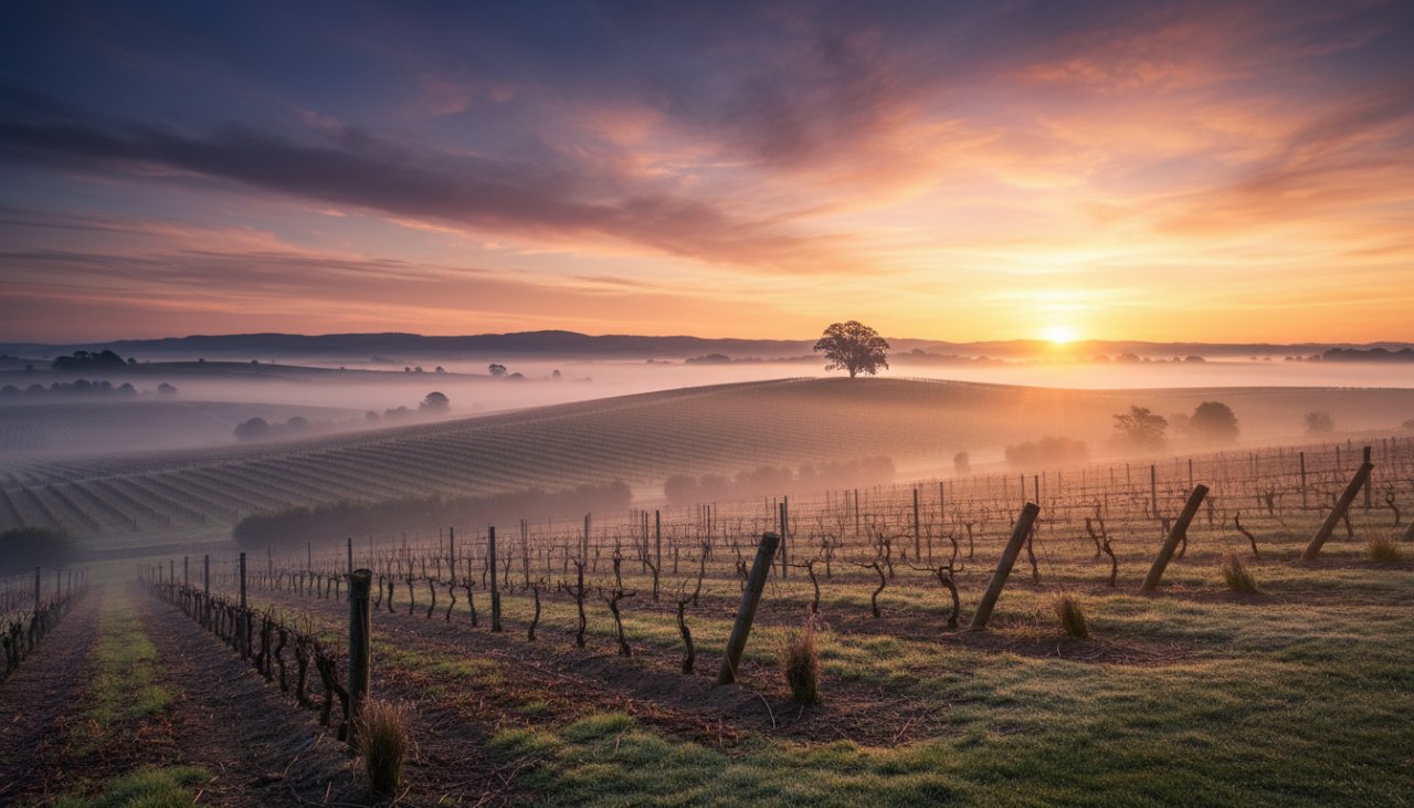 An epic sunrise moment in Yering, Victoria, showcasing a serene vineyard bathed in golden light, perfectly representing Yering Victoria Fine Art Landscape Photography. Mist gently rises above the grapevines, with distant rolling hills and a vibrant sky.