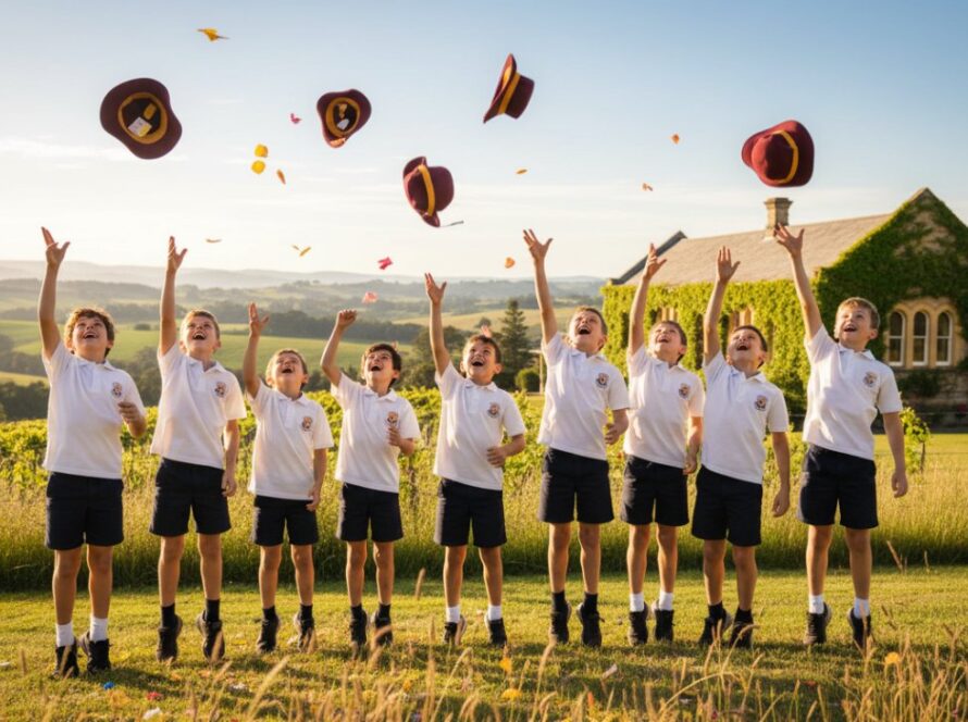 A wide-angle, cinematic photograph showing a group of diverse primary school children in Yering, Victoria, joyfully celebrating after a sports day event, with their faces full of laughter and a grand historic building in the background. This image captures the essence of Yering Victoria school photography capturing joyous milestones, highlighting authentic student emotions and memorable achievements.