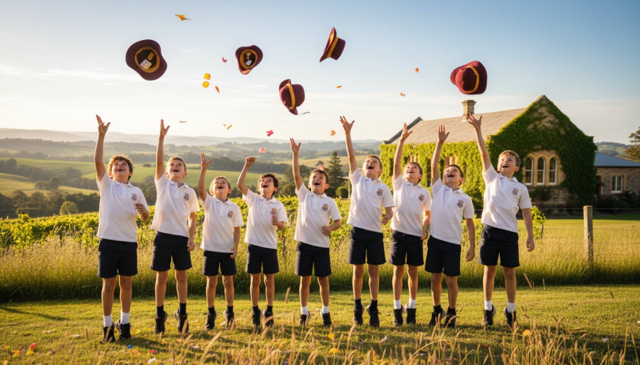 A wide-angle, cinematic photograph showing a group of diverse primary school children in Yering, Victoria, joyfully celebrating after a sports day event, with their faces full of laughter and a grand historic building in the background. This image captures the essence of Yering Victoria school photography capturing joyous milestones, highlighting authentic student emotions and memorable achievements.