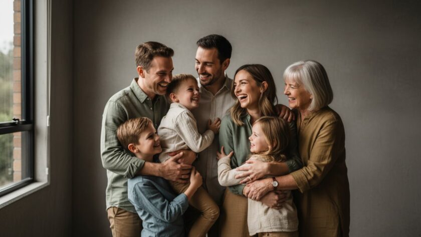 A captivating Yering Victoria studio portrait photography experience featuring a family's joyous laughter, bathed in soft, warm light, creating an epic moment of connection and love against a minimalist backdrop.