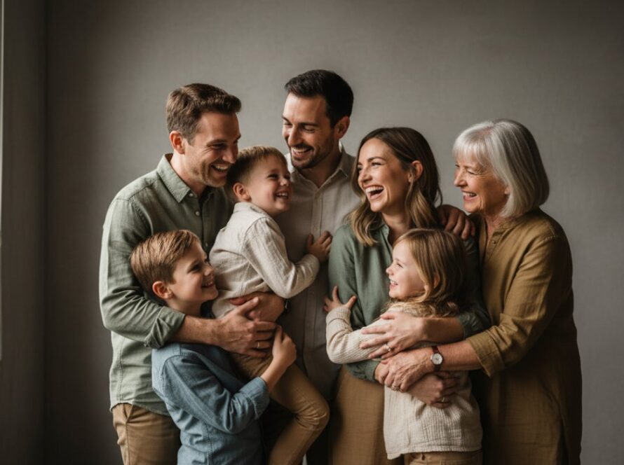A captivating Yering Victoria studio portrait photography experience featuring a family's joyous laughter, bathed in soft, warm light, creating an epic moment of connection and love against a minimalist backdrop.