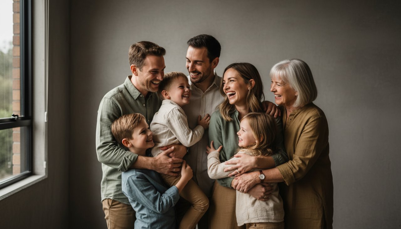 A captivating Yering Victoria studio portrait photography experience featuring a family's joyous laughter, bathed in soft, warm light, creating an epic moment of connection and love against a minimalist backdrop.