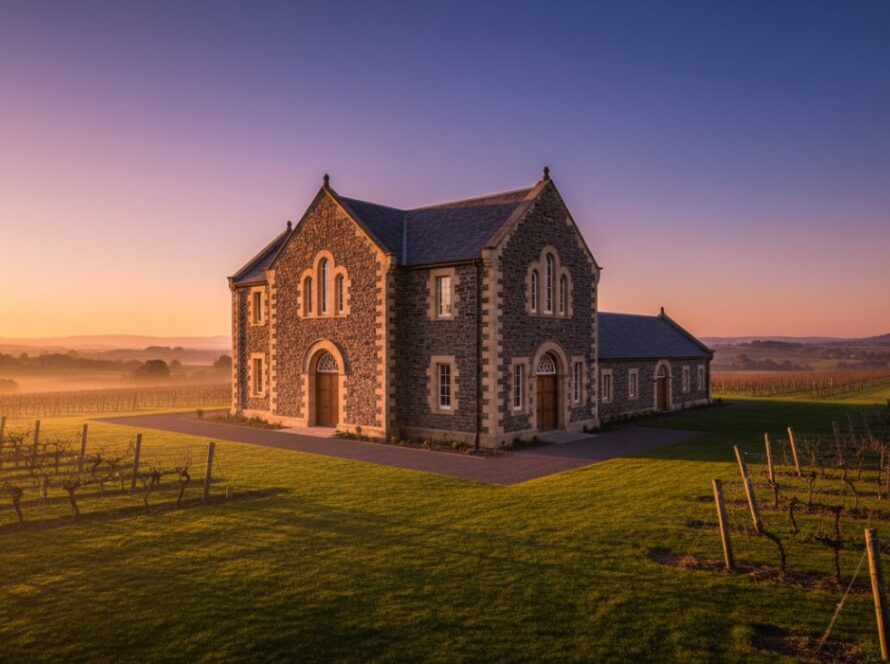 An epic wide-angle shot showcasing the elegant stone facade and sweeping vineyard views of a historic Yering Estate winery at golden hour, highlighting the sophisticated design with expert Yering Victoria vineyard architecture photography expertise.
