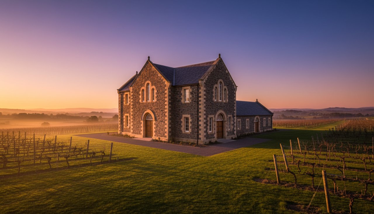 An epic wide-angle shot showcasing the elegant stone facade and sweeping vineyard views of a historic Yering Estate winery at golden hour, highlighting the sophisticated design with expert Yering Victoria vineyard architecture photography expertise.