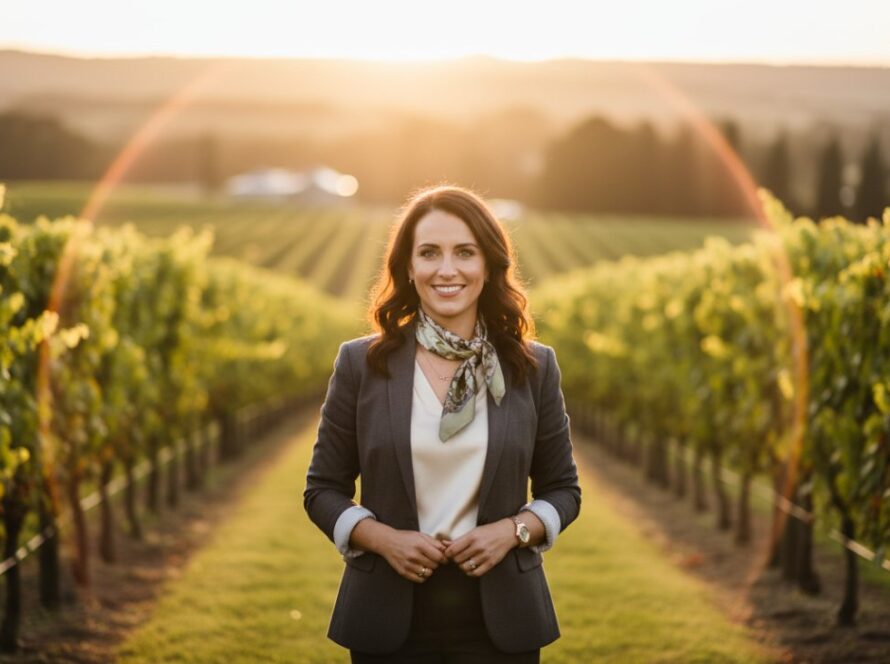A powerful, cinematic portrait of a confident female entrepreneur taken amidst the rolling vineyards of Yering, Victoria, capturing the essence of Yering winery professional headshots for entrepreneurs Victoria, with soft, golden hour lighting highlighting her determined expression.