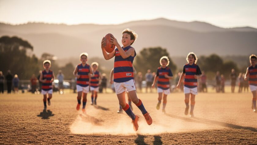 Dynamic action shot of a young athlete mid-jump, celebrating a goal during a junior footy match in Belgrave South, capturing the essence of youth sports photography Belgrave South moments with dramatic lighting.