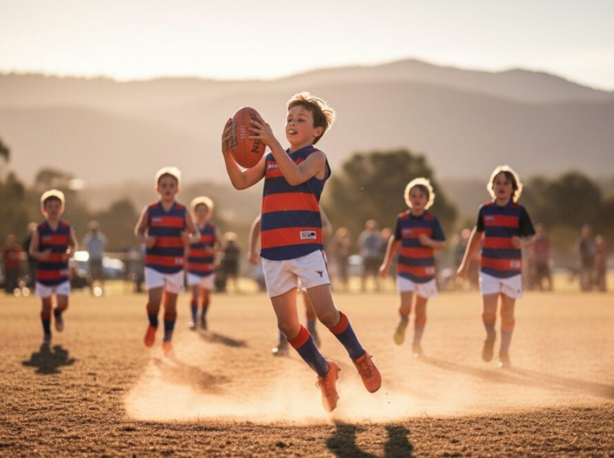 Dynamic action shot of a young athlete mid-jump, celebrating a goal during a junior footy match in Belgrave South, capturing the essence of youth sports photography Belgrave South moments with dramatic lighting.