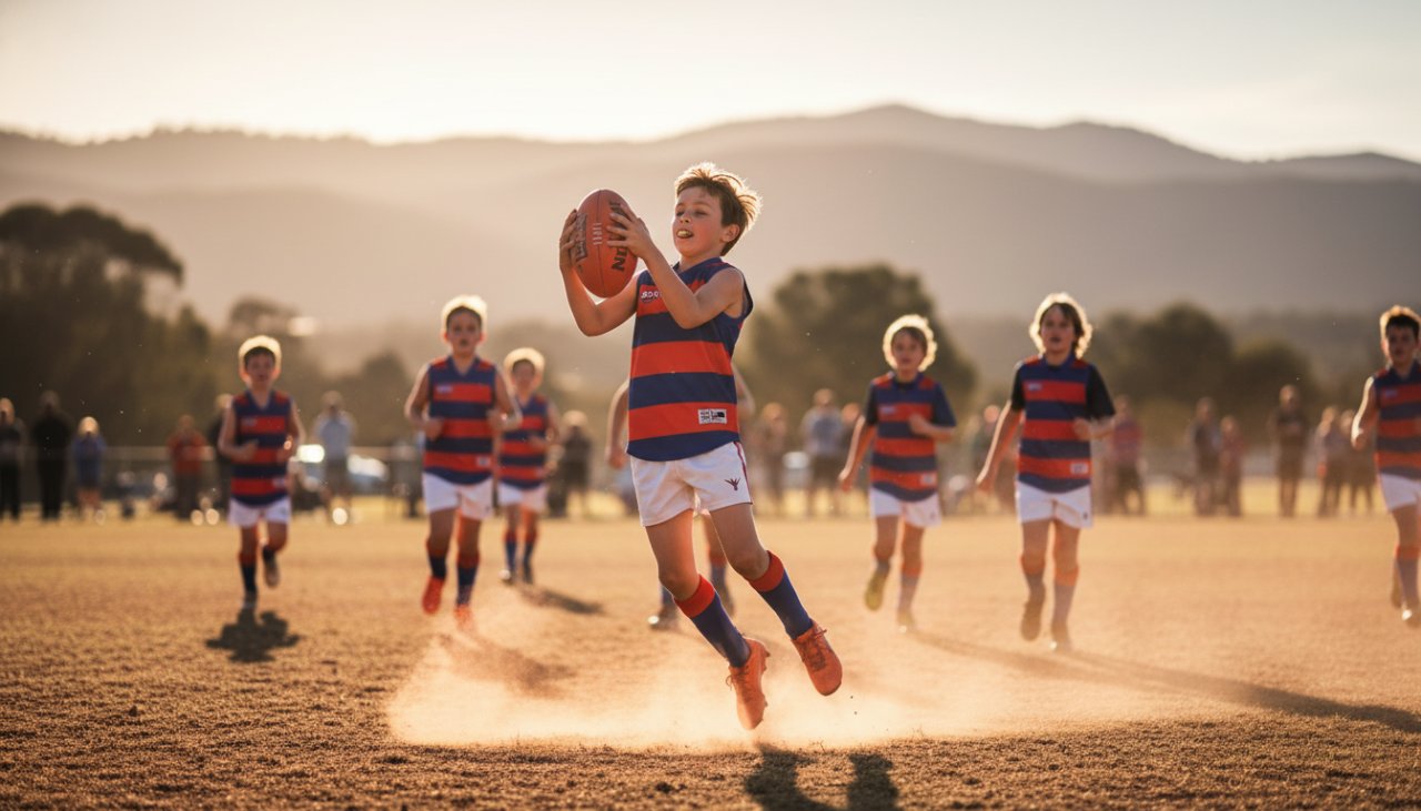 Dynamic action shot of a young athlete mid-jump, celebrating a goal during a junior footy match in Belgrave South, capturing the essence of youth sports photography Belgrave South moments with dramatic lighting.
