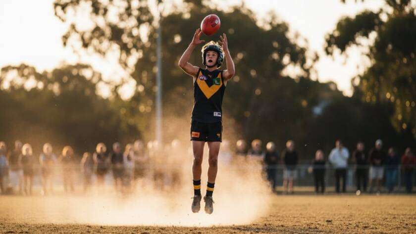 A high-energy, perfectly timed photograph of a young soccer player in Templestowe mid-kick, ball soaring, teammates and cheering crowd blurred in the background, showcasing dynamic action-packed junior sports photography Templestowe with dramatic stadium lighting at dusk.