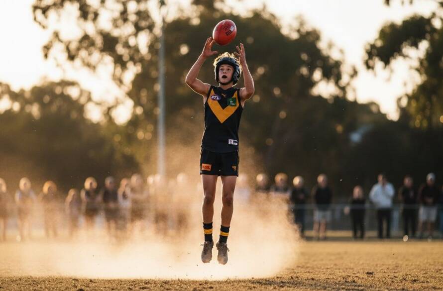 A high-energy, perfectly timed photograph of a young soccer player in Templestowe mid-kick, ball soaring, teammates and cheering crowd blurred in the background, showcasing dynamic action-packed junior sports photography Templestowe with dramatic stadium lighting at dusk.