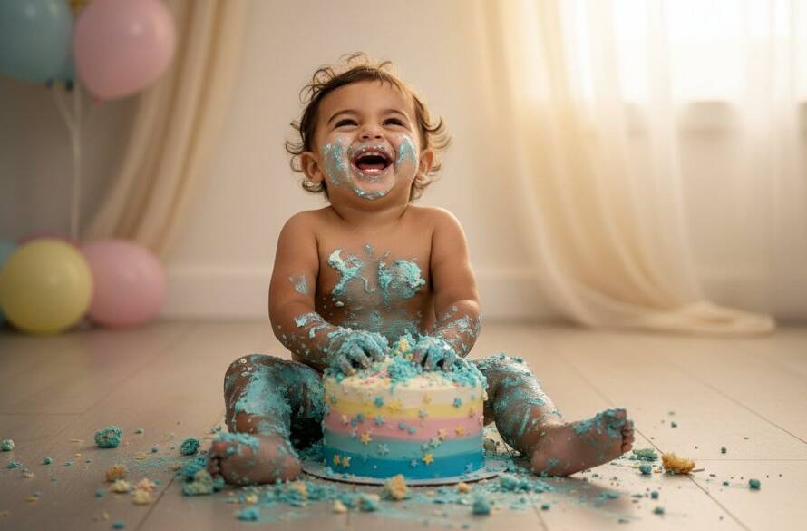 Epic moment captured: A joyful one-year-old child in Glen Iris, mid-cake smash, covered in frosting and laughing exuberantly, amidst a colourful balloon backdrop. This adorable baby cake smash photos Glen Iris Victoria image highlights the pure, unadulterated fun of a first birthday celebration, professionally lit with dramatic flair.