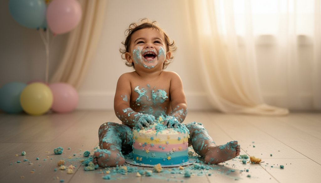 Epic moment captured: A joyful one-year-old child in Glen Iris, mid-cake smash, covered in frosting and laughing exuberantly, amidst a colourful balloon backdrop. This adorable baby cake smash photos Glen Iris Victoria image highlights the pure, unadulterated fun of a first birthday celebration, professionally lit with dramatic flair.