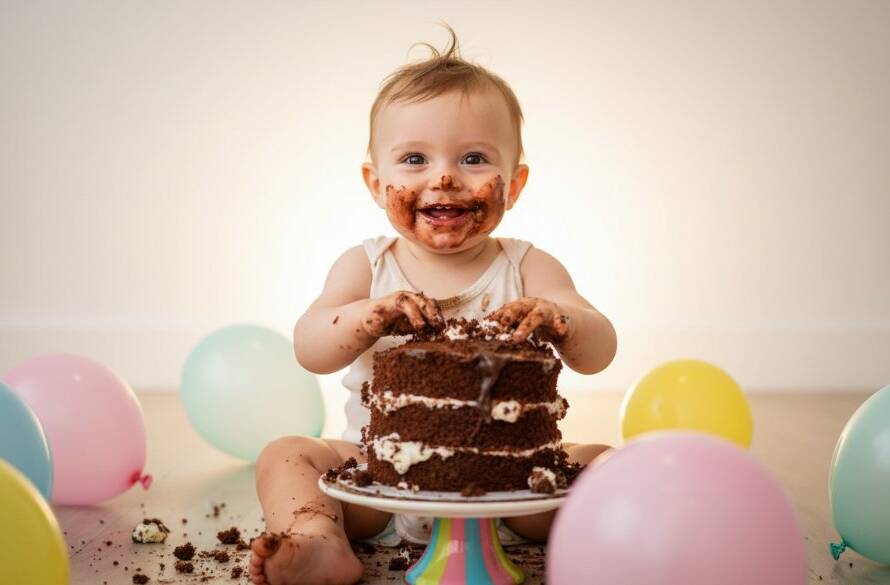 An adorable cake smash photography Brighton East baby's first birthday scene, showing a joyous baby covered in cake, laughing amidst colorful balloons and soft studio lighting, capturing an epic, messy moment.