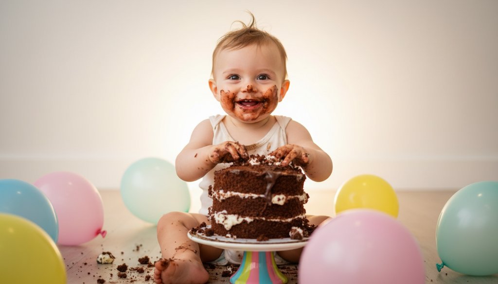 An adorable cake smash photography Brighton East baby's first birthday scene, showing a joyous baby covered in cake, laughing amidst colorful balloons and soft studio lighting, capturing an epic, messy moment.