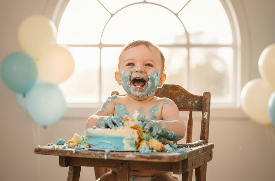 A wide-angle, 'epic moment' photograph capturing an overjoyed baby covered in cake, surrounded by pastel balloons in a rustic Woodend studio, epitomizing adorable cake smash photography Woodend Victoria.
