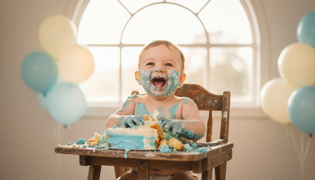 A wide-angle, 'epic moment' photograph capturing an overjoyed baby covered in cake, surrounded by pastel balloons in a rustic Woodend studio, epitomizing adorable cake smash photography Woodend Victoria.