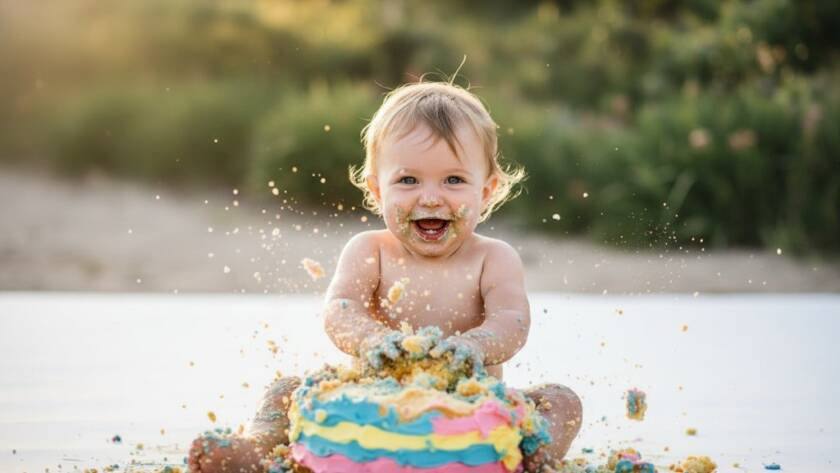 An adorable Carrum toddler cake smash photography session featuring a joyful one-year-old covered in frosting, laughing amidst a beautifully styled, sun-drenched beach-themed setup near the Carrum foreshore, captured with dramatic lighting.