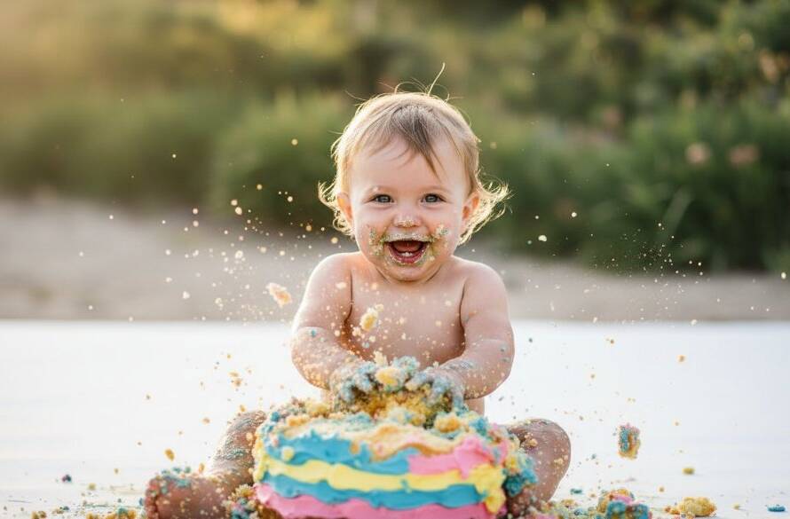 An adorable Carrum toddler cake smash photography session featuring a joyful one-year-old covered in frosting, laughing amidst a beautifully styled, sun-drenched beach-themed setup near the Carrum foreshore, captured with dramatic lighting.