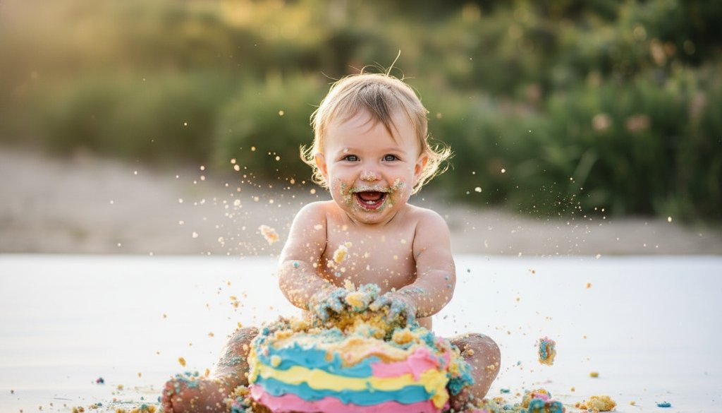 An adorable Carrum toddler cake smash photography session featuring a joyful one-year-old covered in frosting, laughing amidst a beautifully styled, sun-drenched beach-themed setup near the Carrum foreshore, captured with dramatic lighting.