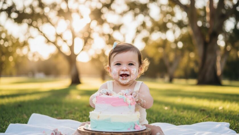 An adorable first birthday cake smash photography Irymple Victoria scene, featuring a baby gleefully covered in frosting, surrounded by colourful balloons, with soft, golden hour light filtering through eucalyptus trees in a beautiful Irymple park setting, capturing pure joy.