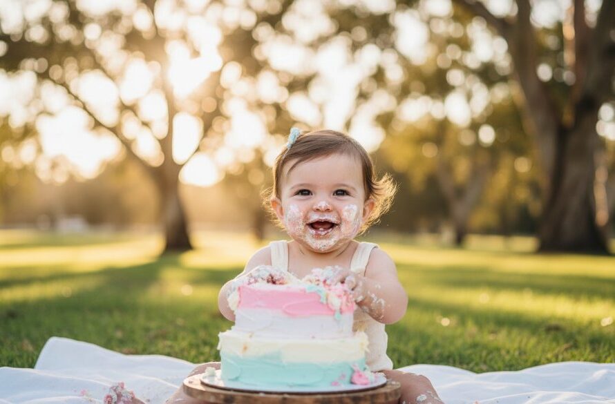 An adorable first birthday cake smash photography Irymple Victoria scene, featuring a baby gleefully covered in frosting, surrounded by colourful balloons, with soft, golden hour light filtering through eucalyptus trees in a beautiful Irymple park setting, capturing pure joy.
