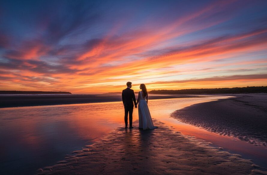 An adventurous Orbost pre-wedding photography Victoria moment featuring a couple silhouetted against a dramatic sunset over the Snowy River estuary, holding hands and looking towards the horizon, captured with cinematic flair.