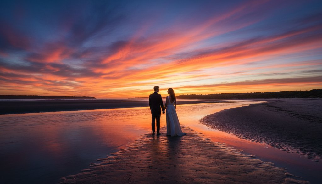 An adventurous Orbost pre-wedding photography Victoria moment featuring a couple silhouetted against a dramatic sunset over the Snowy River estuary, holding hands and looking towards the horizon, captured with cinematic flair.