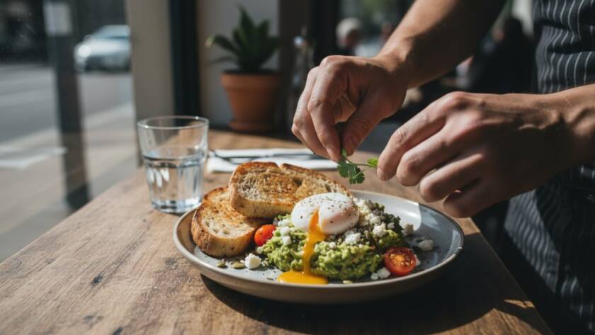 Dynamic, cinematic wide shot of professional Albanvale cafe food photography for local eateries in action, a photographer capturing a perfectly plated gourmet dish with dramatic natural light streaming through a window, a chef observing with pride, showcasing the vibrant culinary scene of Albanvale, Victoria.