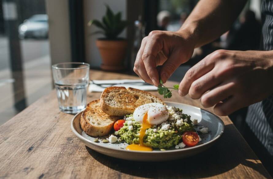 Dynamic, cinematic wide shot of professional Albanvale cafe food photography for local eateries in action, a photographer capturing a perfectly plated gourmet dish with dramatic natural light streaming through a window, a chef observing with pride, showcasing the vibrant culinary scene of Albanvale, Victoria.