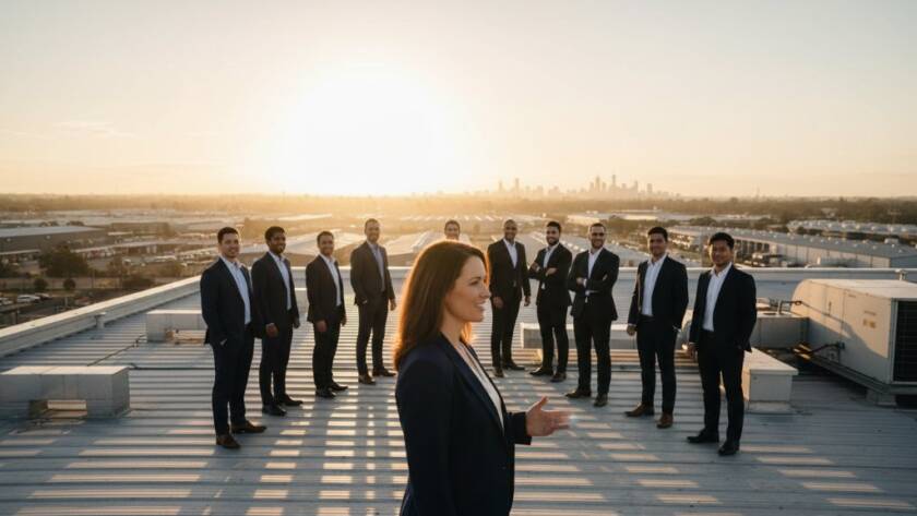 A dynamic shot capturing an Albanvale business leader, silhouetted against the setting sun over a modern industrial backdrop, confidently addressing a team, demonstrating the power of Albanvale corporate photography to elevate your business profile, with dramatic lighting and a cinematic feel.