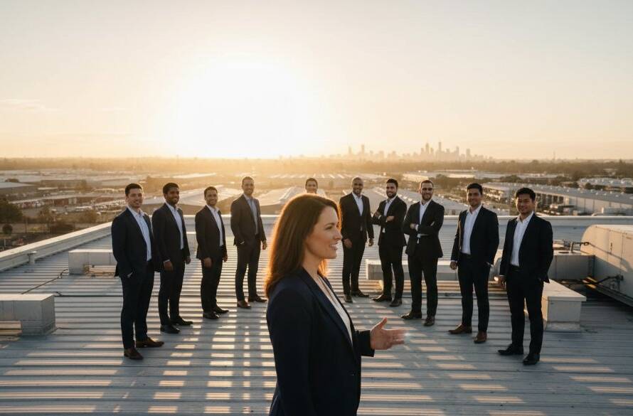 A dynamic shot capturing an Albanvale business leader, silhouetted against the setting sun over a modern industrial backdrop, confidently addressing a team, demonstrating the power of Albanvale corporate photography to elevate your business profile, with dramatic lighting and a cinematic feel.
