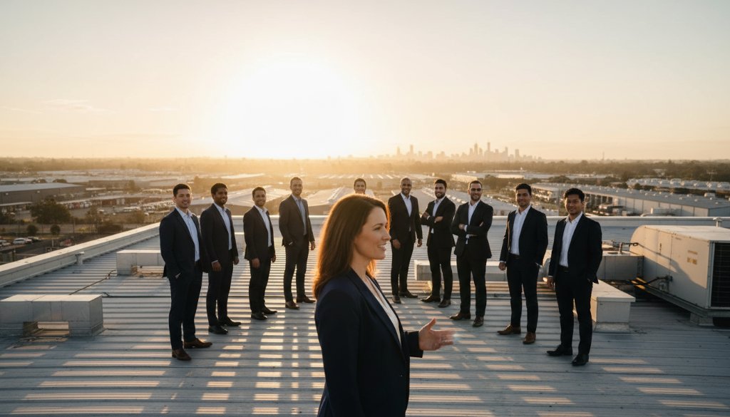 A dynamic shot capturing an Albanvale business leader, silhouetted against the setting sun over a modern industrial backdrop, confidently addressing a team, demonstrating the power of Albanvale corporate photography to elevate your business profile, with dramatic lighting and a cinematic feel.