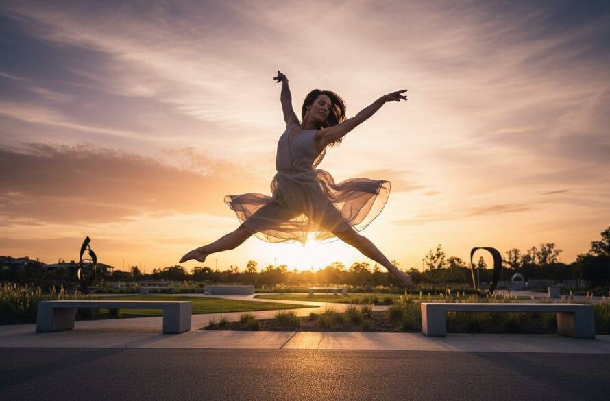 An energetic dancer in mid-air, performing a dynamic jump against a softly blurred Albanvale cityscape at dusk, showcasing professional Albanvale dance photography storytelling Victoria with dramatic backlighting.