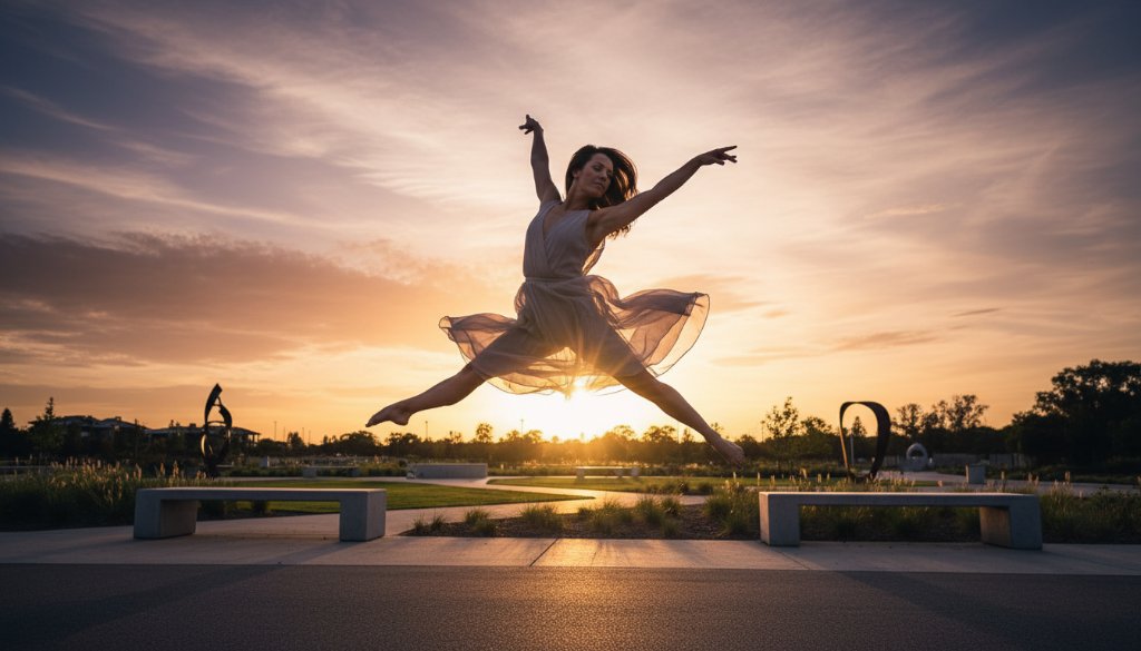 An energetic dancer in mid-air, performing a dynamic jump against a softly blurred Albanvale cityscape at dusk, showcasing professional Albanvale dance photography storytelling Victoria with dramatic backlighting.