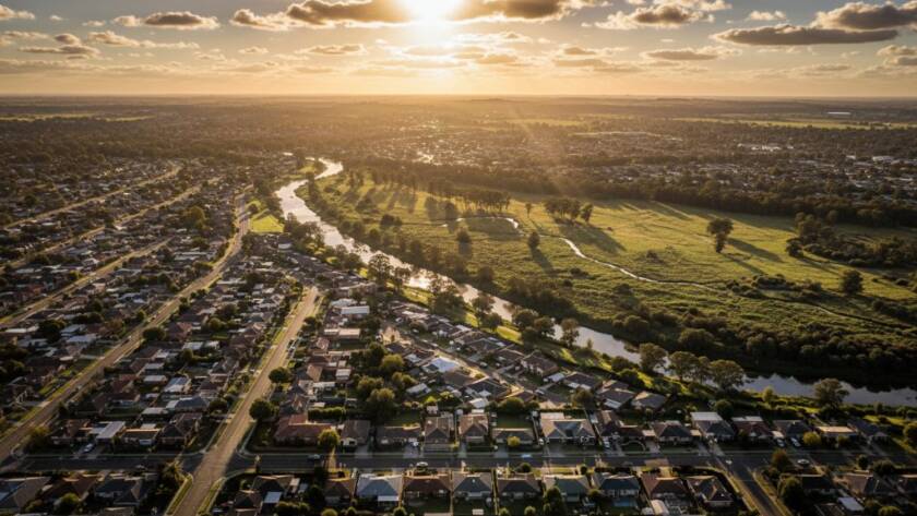 Dramatic aerial shot of Albanvale's green spaces and suburban blend at sunset, highlighting the unique patterns from above, perfectly embodying Albanvale Drone Photography Unparalleled Aerial Views.