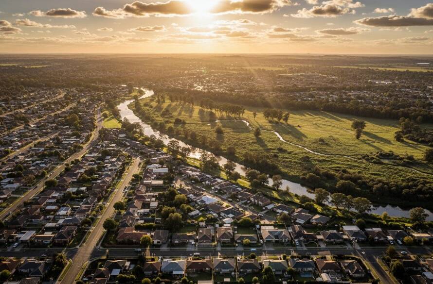 Dramatic aerial shot of Albanvale's green spaces and suburban blend at sunset, highlighting the unique patterns from above, perfectly embodying Albanvale Drone Photography Unparalleled Aerial Views.