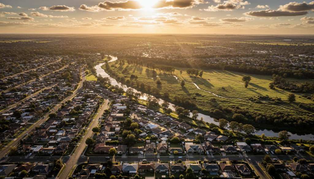 Dramatic aerial shot of Albanvale's green spaces and suburban blend at sunset, highlighting the unique patterns from above, perfectly embodying Albanvale Drone Photography Unparalleled Aerial Views.