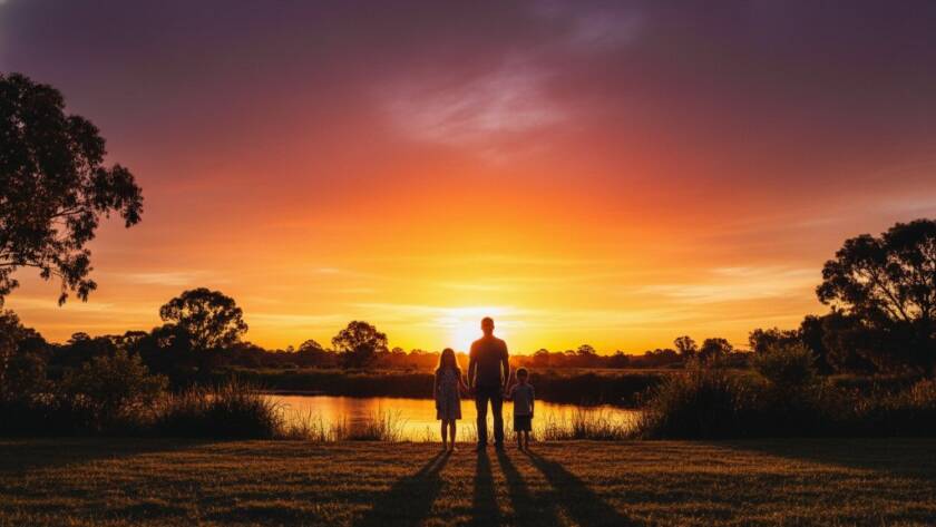 An epic moment captured in Albanvale fine art portraits for timeless family heirlooms, featuring a family silhouetted against a dramatic sunset at Kororoit Creek, professionally color-graded with rich, warm tones.