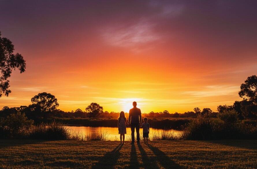 An epic moment captured in Albanvale fine art portraits for timeless family heirlooms, featuring a family silhouetted against a dramatic sunset at Kororoit Creek, professionally color-graded with rich, warm tones.