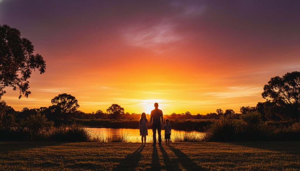 An epic moment captured in Albanvale fine art portraits for timeless family heirlooms, featuring a family silhouetted against a dramatic sunset at Kororoit Creek, professionally color-graded with rich, warm tones.