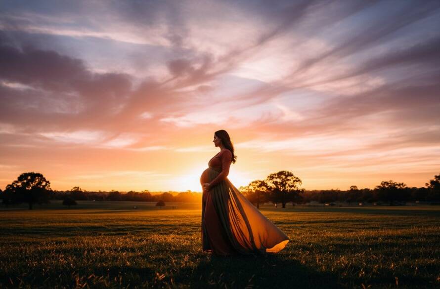 A glowing pregnant woman in a flowing dress, bathed in the soft, warm light of an Albanvale maternity photoshoot sunset radiance, standing in a serene park, cradling her belly.