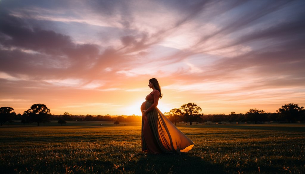 A glowing pregnant woman in a flowing dress, bathed in the soft, warm light of an Albanvale maternity photoshoot sunset radiance, standing in a serene park, cradling her belly.