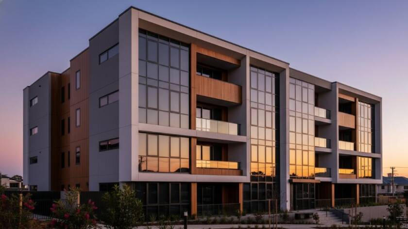 Dramatic shot of Albanvale modern architecture, featuring clean lines and a glass facade reflecting a sunset, showcasing Albanvale modern architecture photography expertise.