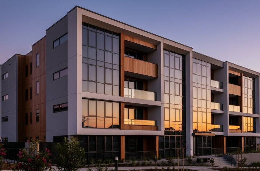 Dramatic shot of Albanvale modern architecture, featuring clean lines and a glass facade reflecting a sunset, showcasing Albanvale modern architecture photography expertise.