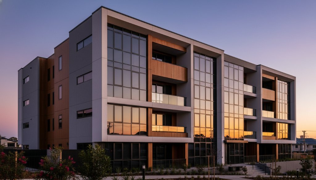 Dramatic shot of Albanvale modern architecture, featuring clean lines and a glass facade reflecting a sunset, showcasing Albanvale modern architecture photography expertise.