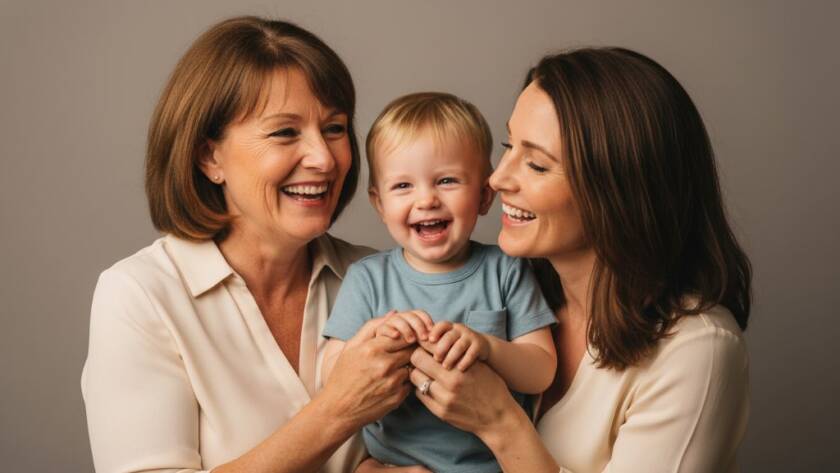 An emotionally resonant, professionally lit studio portrait in Albanvale, capturing a multi-generational family's genuine, shared laughter, reflecting the essence of Albanvale professional studio portraits for lasting memories.